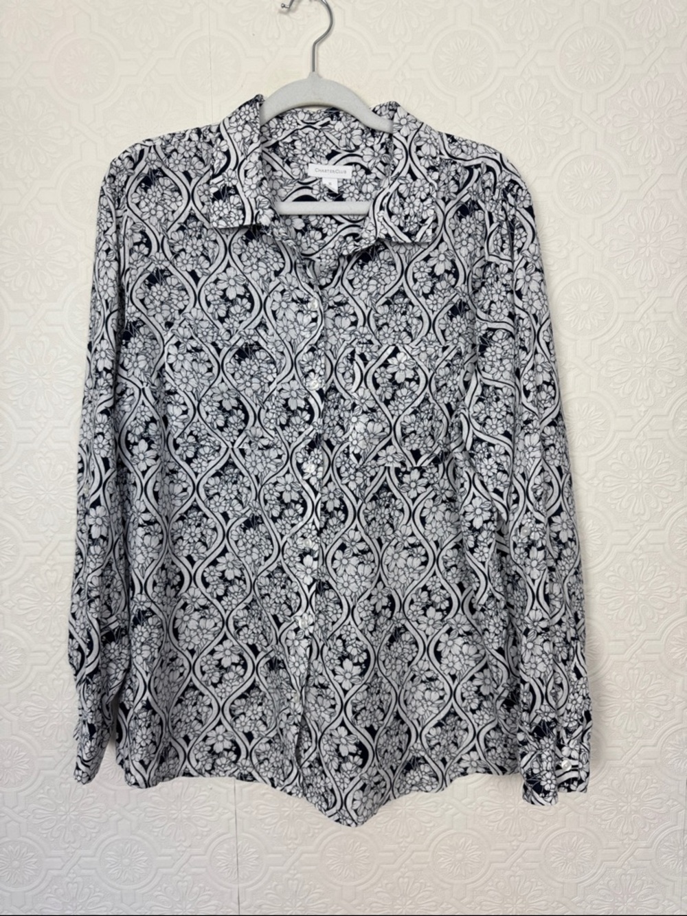 Charter Club 100% Linen Floral Button Down Top‎ XL Black White Lightweight